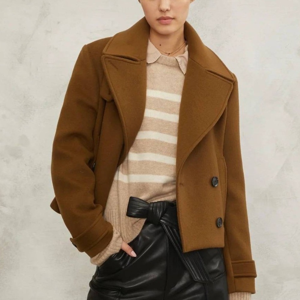 Marissa Webb Hickory Brown Vera Double Breasted Cropped Cashmere Blend Peacoat